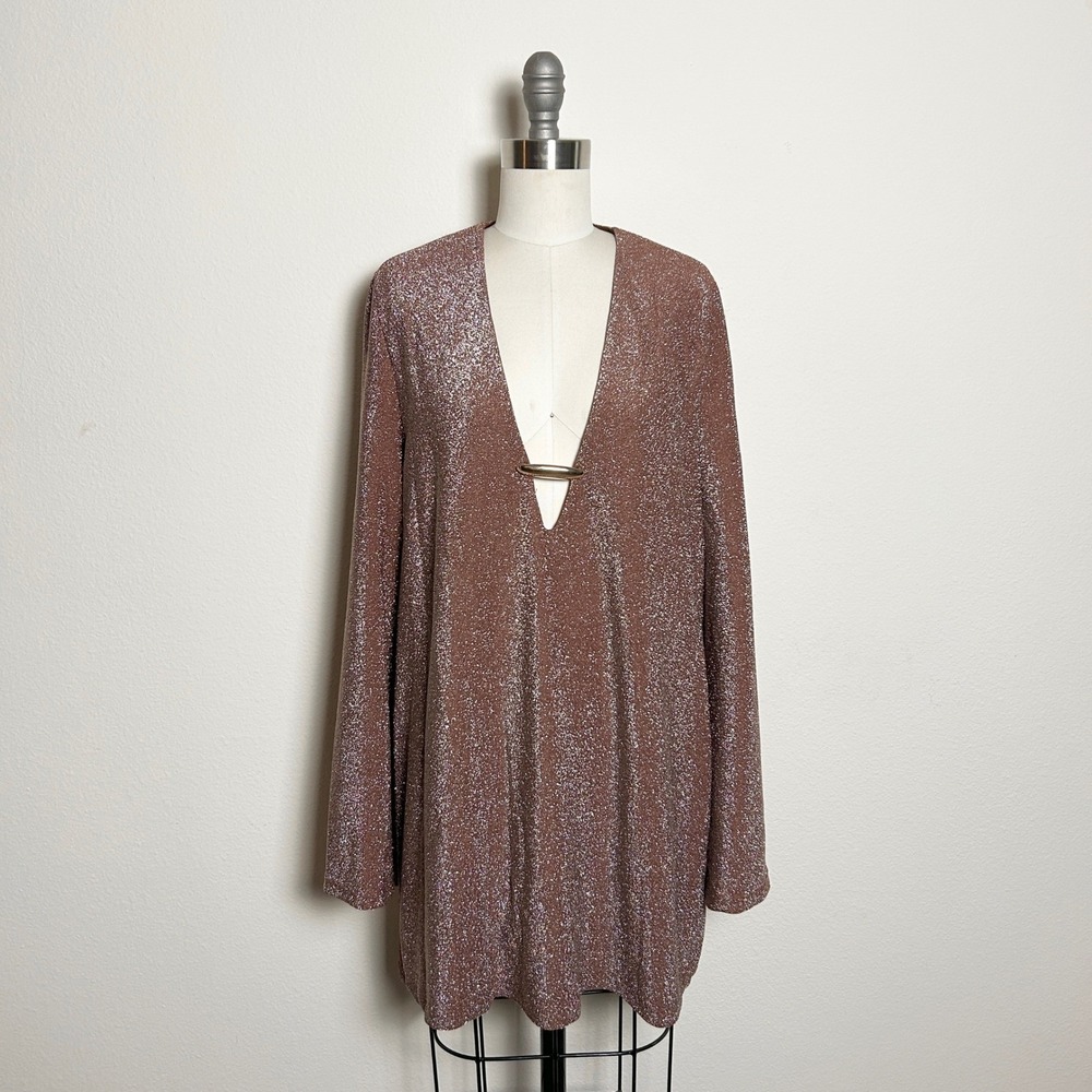 Celandine Chocolate Brown Metallic Shimmer V-Neck Bell Sleeve Tunic Women M/L